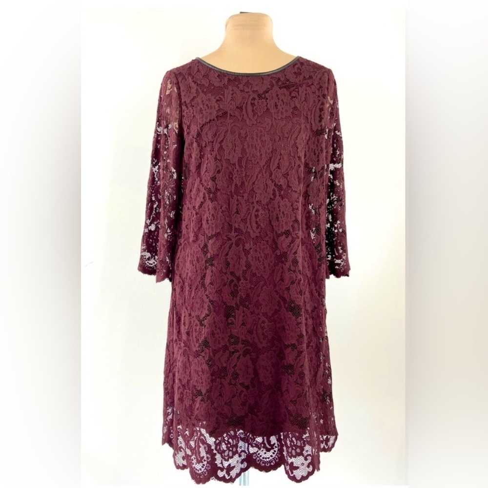 Reitmans Burgundy Lace Shift Dress Long Sleeve Faux Leather Trim Above Knee Sz M